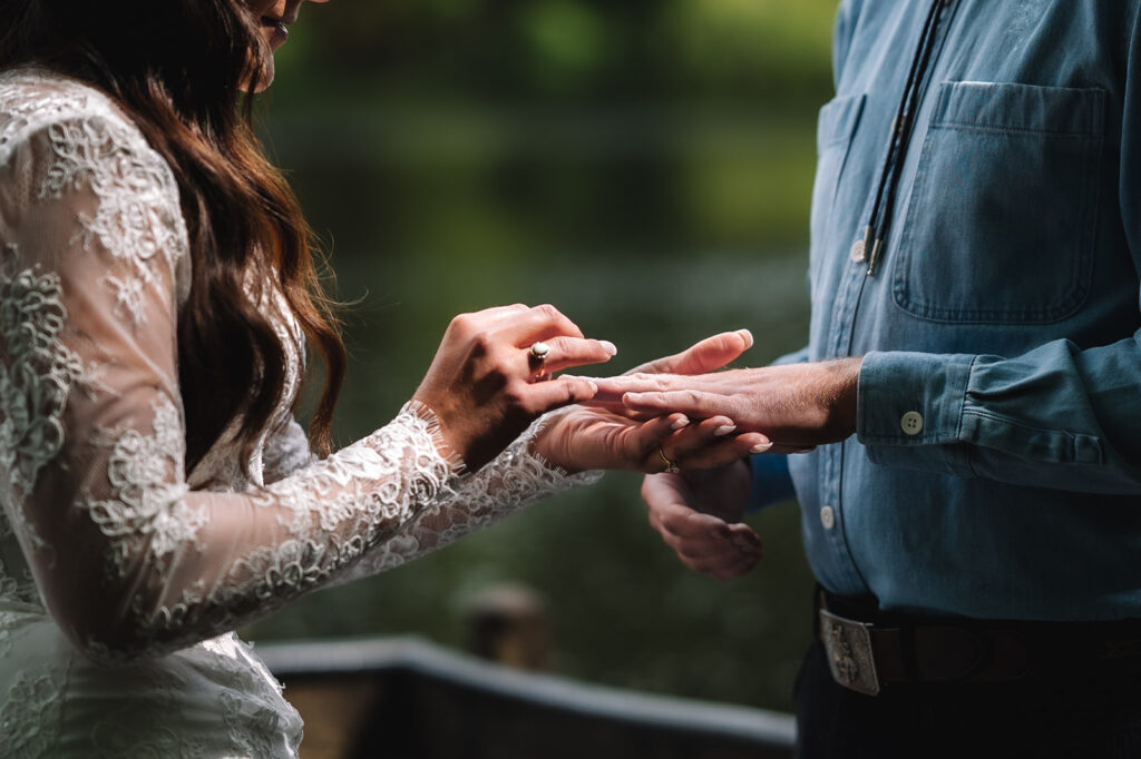 Close-up of hands exchanging wedding rings.