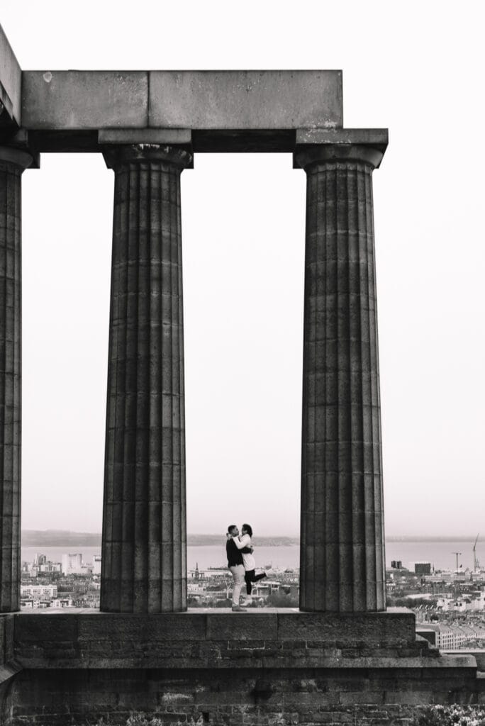 bailey and ro edinburgh engagement shoot at calton hill national monument of scotland