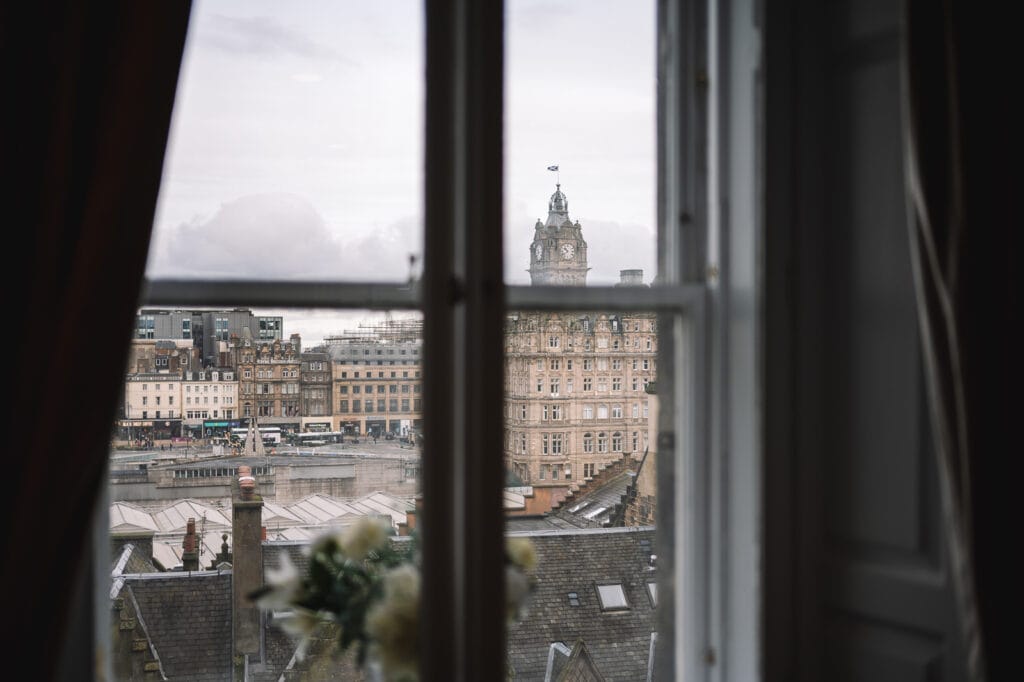 View of Edinburgh skyline through window
