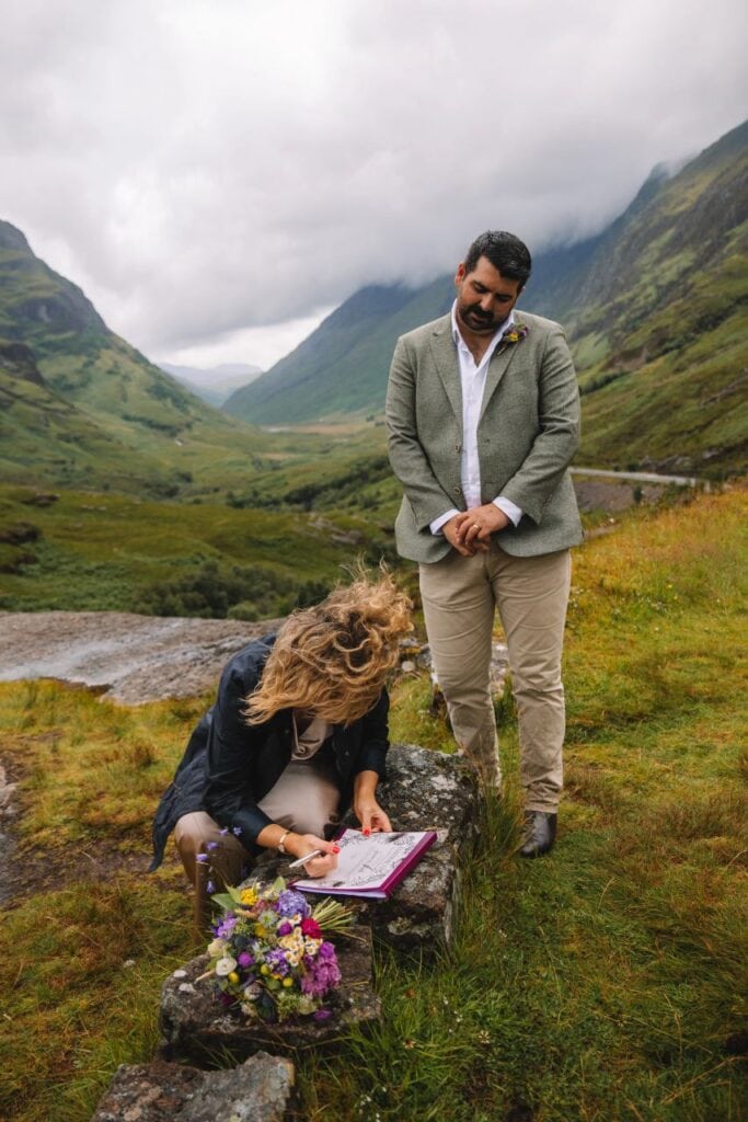 Couple signing marriage papers in Glencoe