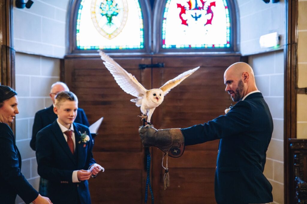 Wedding ceremony with owl ring bearer moment
