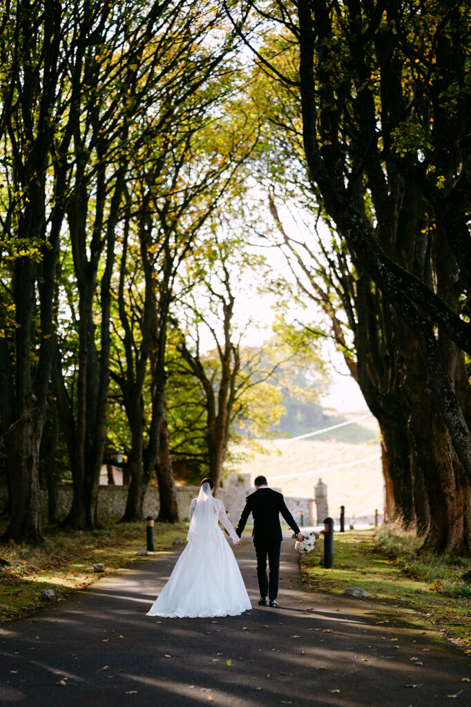 Couple walking along tree-lined avenue toward lake.