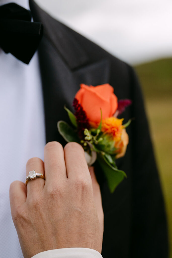 close up of ring on bride hands